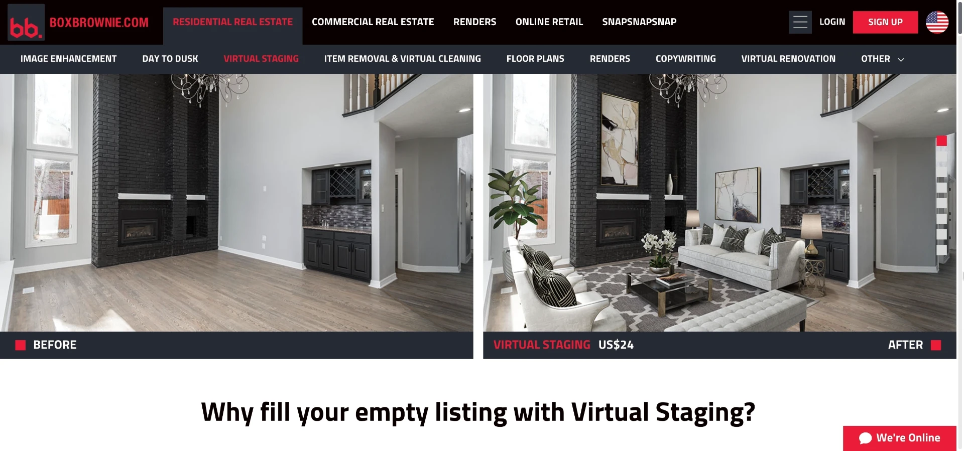 BoxBrownie's virtual staging order page, where agents submit photos and select a staging style before editors process the request.