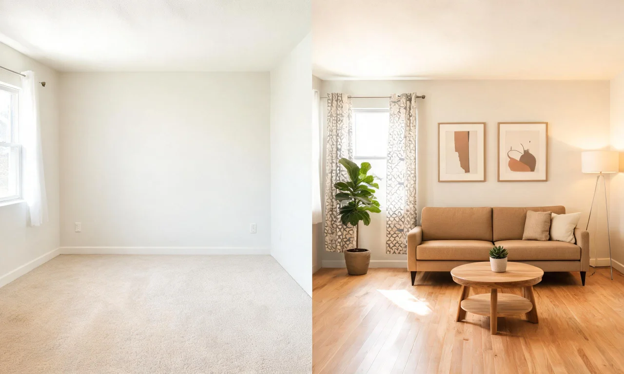 Grid of before-and-after staged rooms in different interior styles, illustrating range of output.