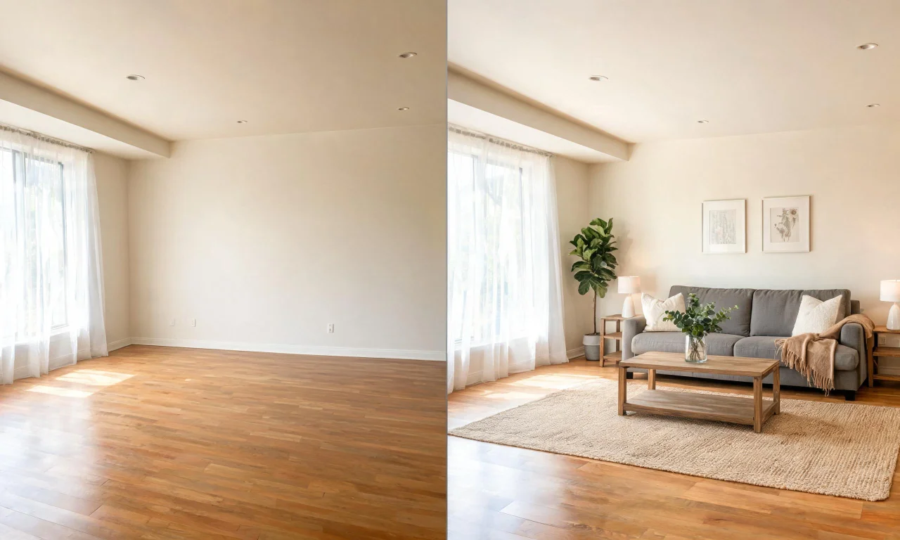Side-by-side of the same empty living room: unstaged photo next to an AI-staged version, showing furniture and decor added digitally.