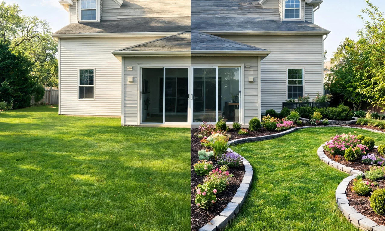 Before and after backyard photo showing a plain lawn transformed into a landscaped garden with defined planting beds.