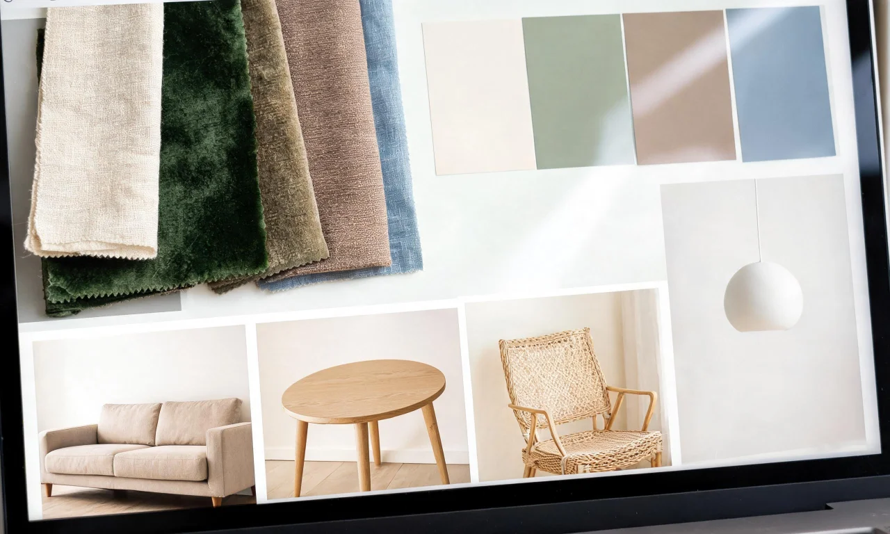 Laptop screen showing a designer's concept board with fabric swatches, paint chips and furniture links laid out for a client.