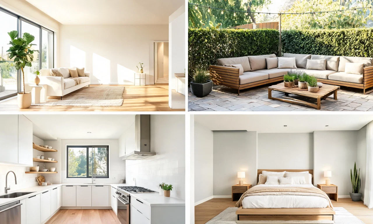 Moodboard-style collage of interior concept images generated from a single text prompt, arranged like inspiration tiles.