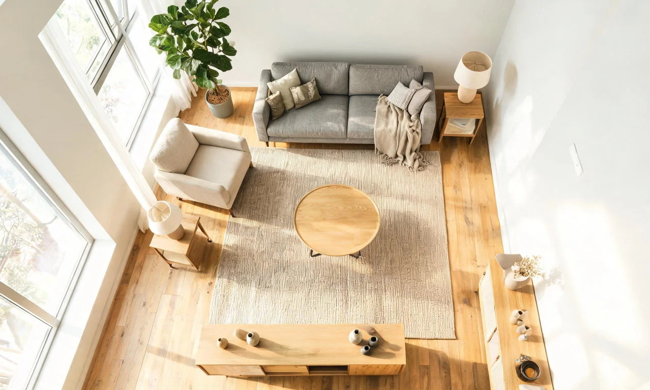 Overhead 3D floor view of a furnished room being arranged piece by piece in a browser-based planning tool.