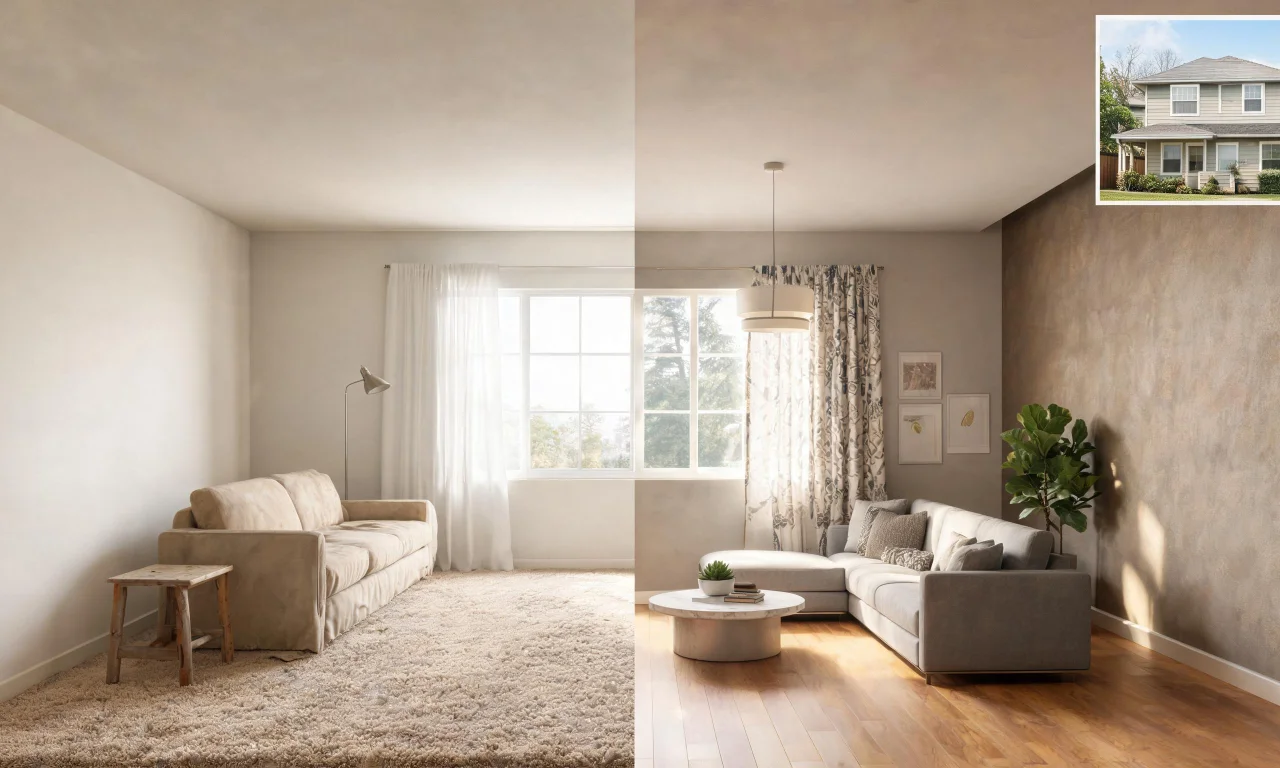 Split-screen showing the same living room before and after an AI redesign, with a small exterior facade thumbnail in the corner to show vividoo's indoor and out