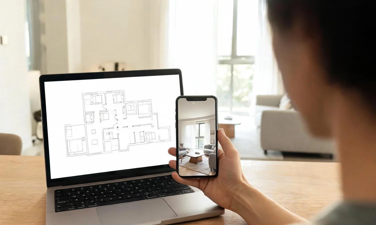 A homeowner comparing a floor-plan mockup on a laptop against a photo-based redesign on a phone.