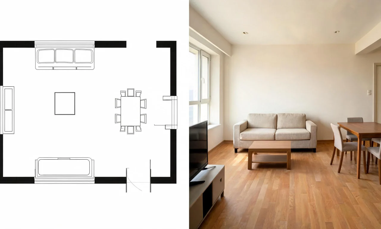 Side-by-side comparison of a rendered floor-plan-style room versus a photo-based AI redesign of the same real room.