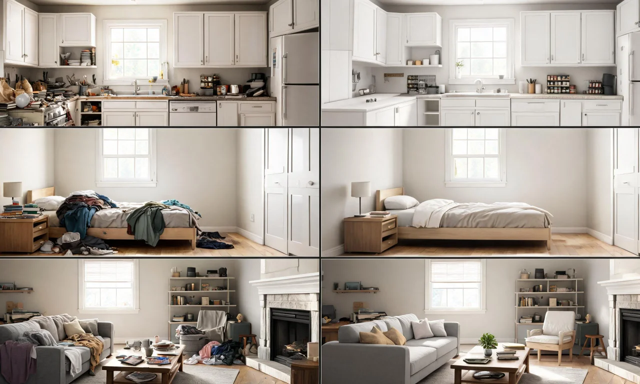 A grid of three before-and-after room pairs showing cluttered kitchens, bedrooms, and living rooms cleaned up digitally.
