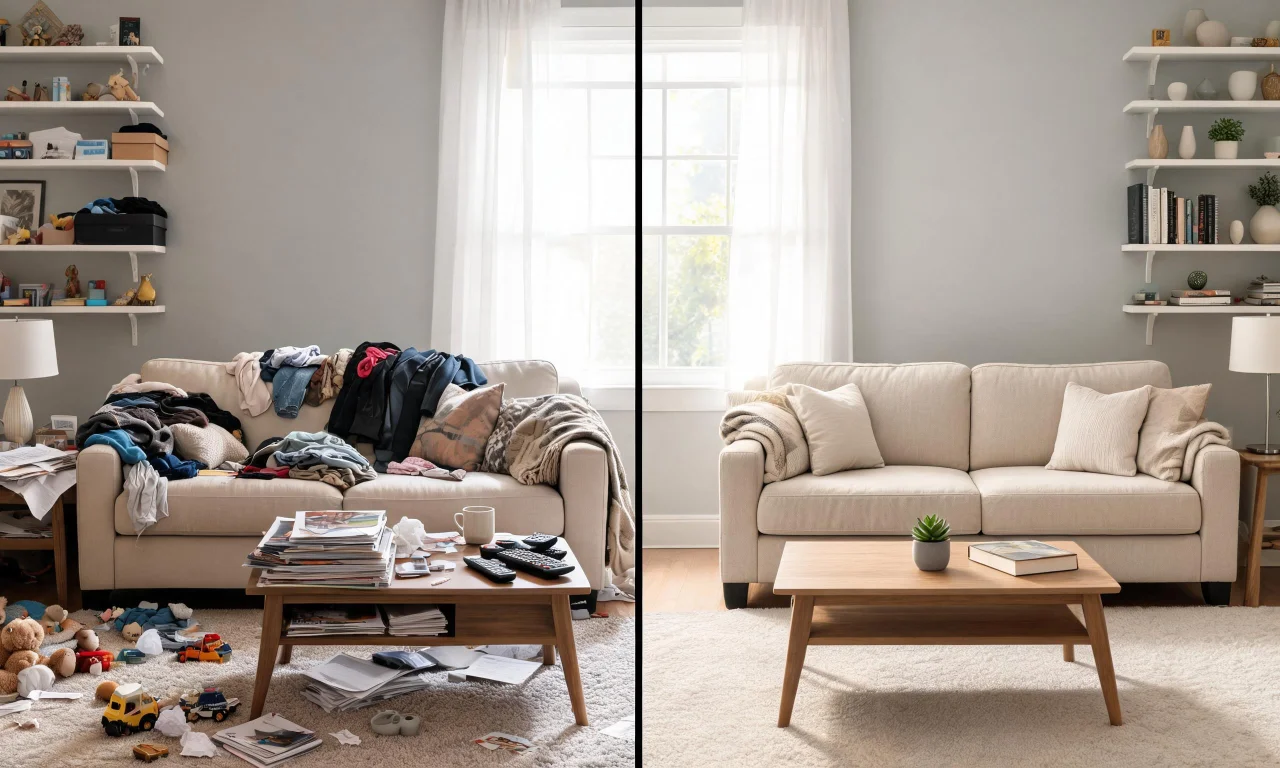A split-screen showing a cluttered living room photo next to its decluttered version, illustrating the upload-to-result process.