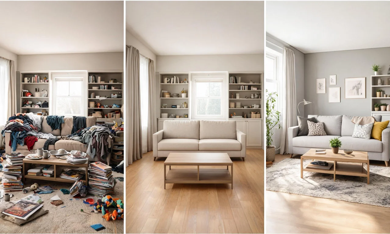 A three-stage sequence showing a cluttered room, the decluttered version, then a redesigned final result.