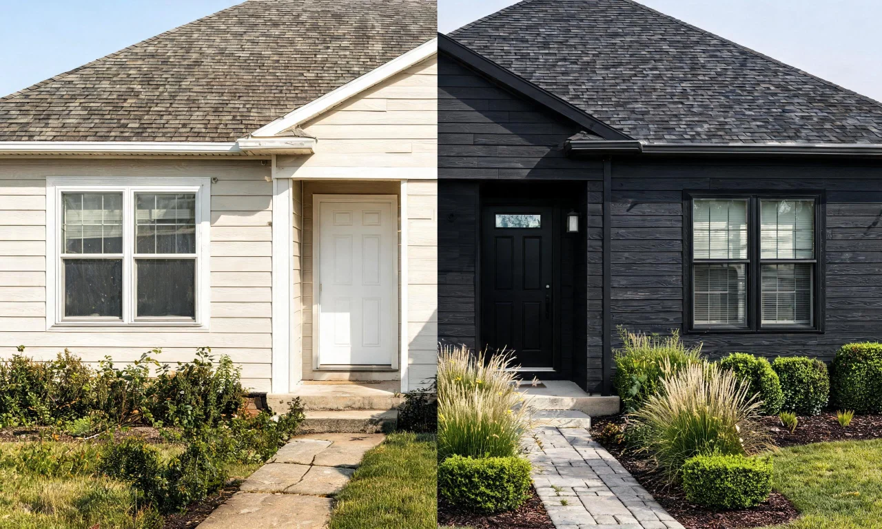 A side-by-side before-and-after comparison of a house facade, showing an AI-generated exterior redesign concept next to the original photo.