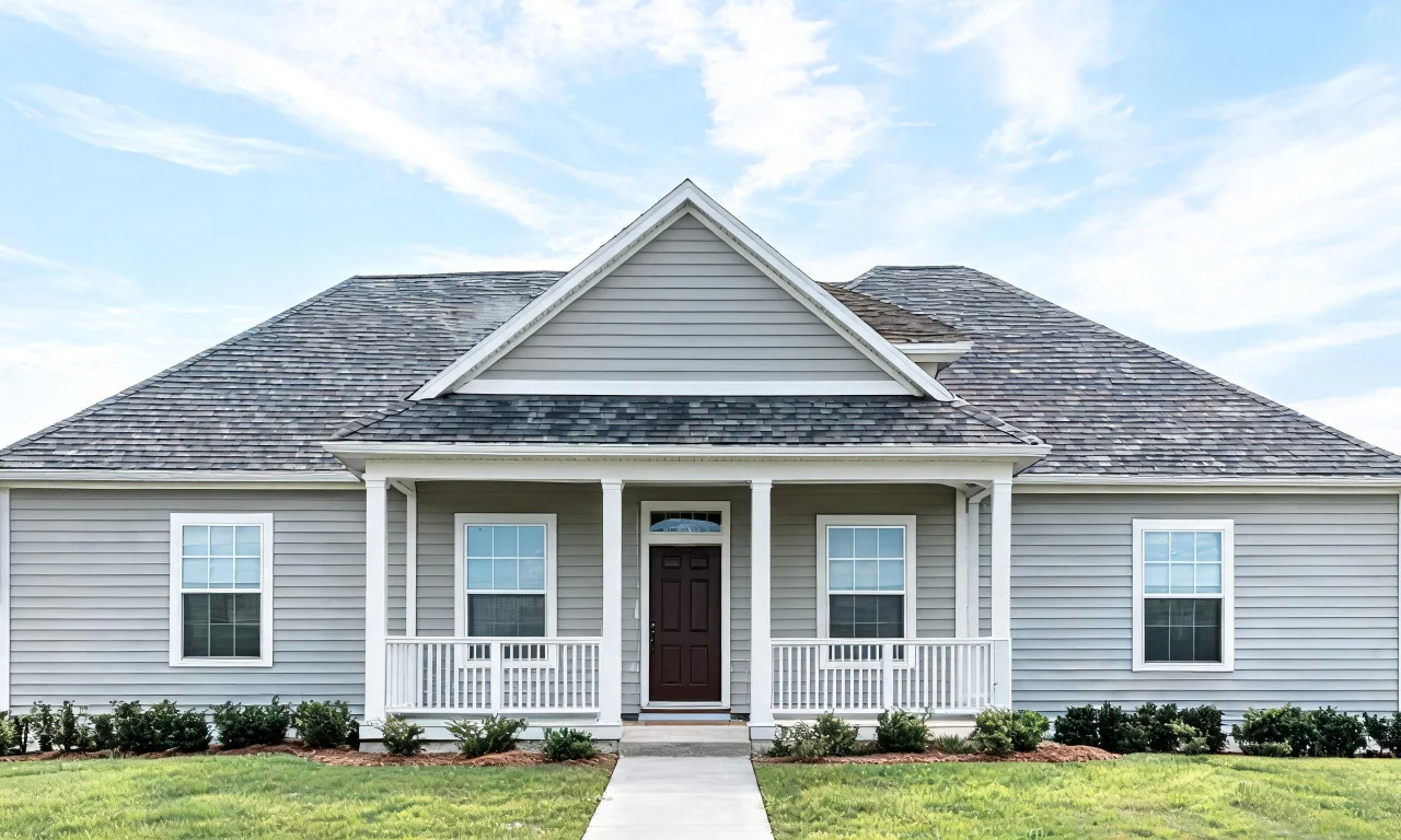 A straight-on daytime photo of a suburban house facade, used as a clean base image for AI exterior redesign prompts.