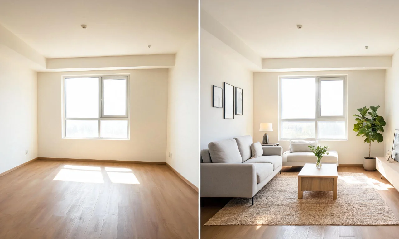 Empty room photo next to an AI-furnished version of the same space, used as a listing gallery pair.