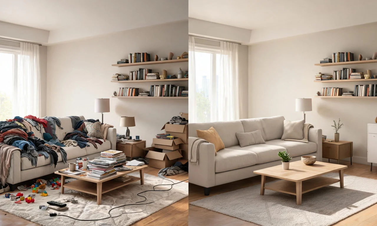 Split-screen comparison of a cluttered flip living room before and after AI decluttering.