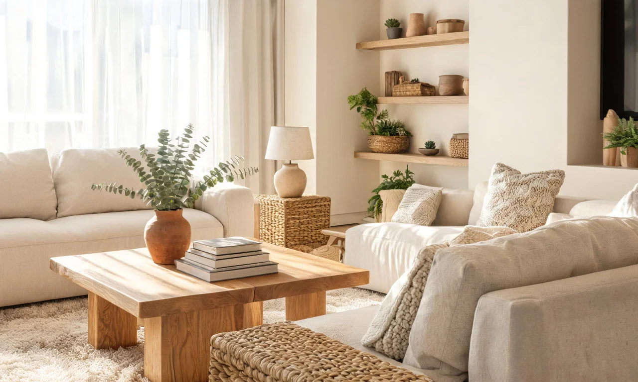 A professionally staged living room with real furniture, showing the tactile detail buyers experience during an in-person tour.