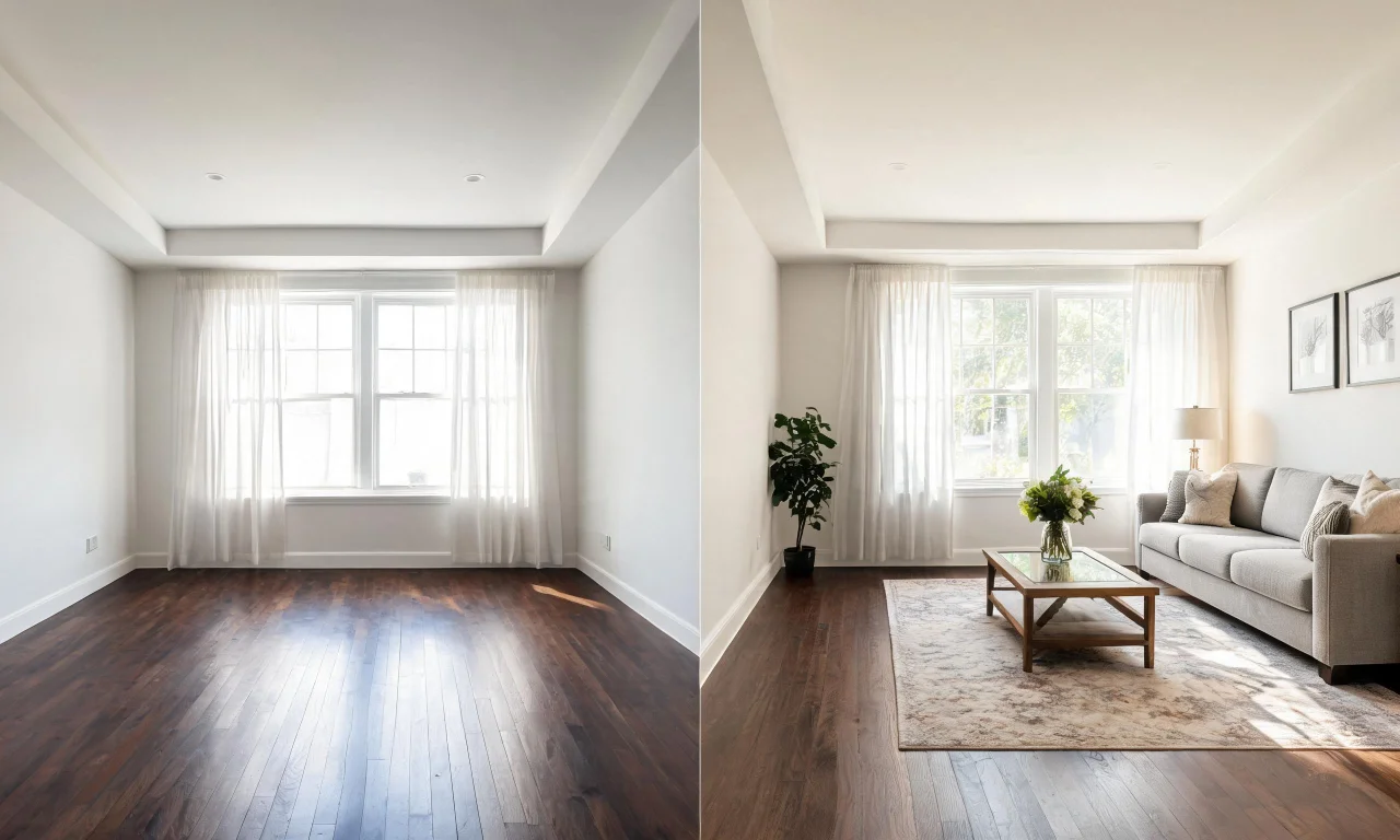 Side-by-side comparison of an empty living room and its AI-furnished version, illustrating a virtual staging result.