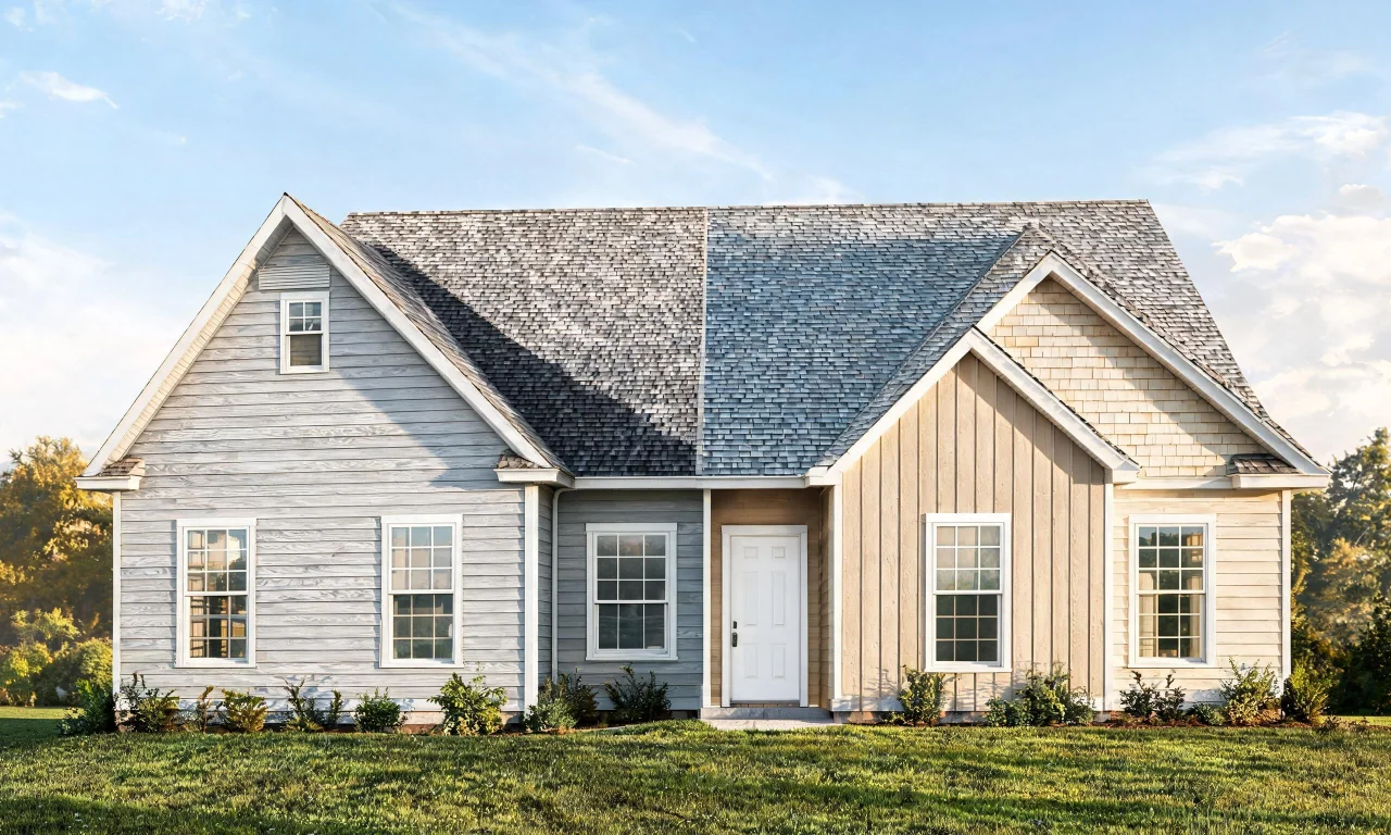 3D rendered house model showing customizable roofline and siding options in a planning interface.