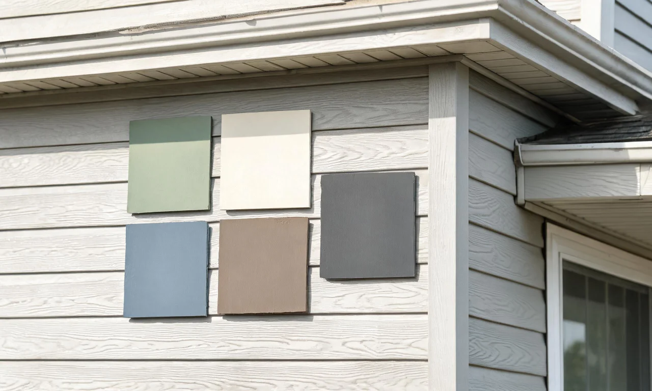 Close-up of a house facade with several paint color swatches overlaid for comparison.