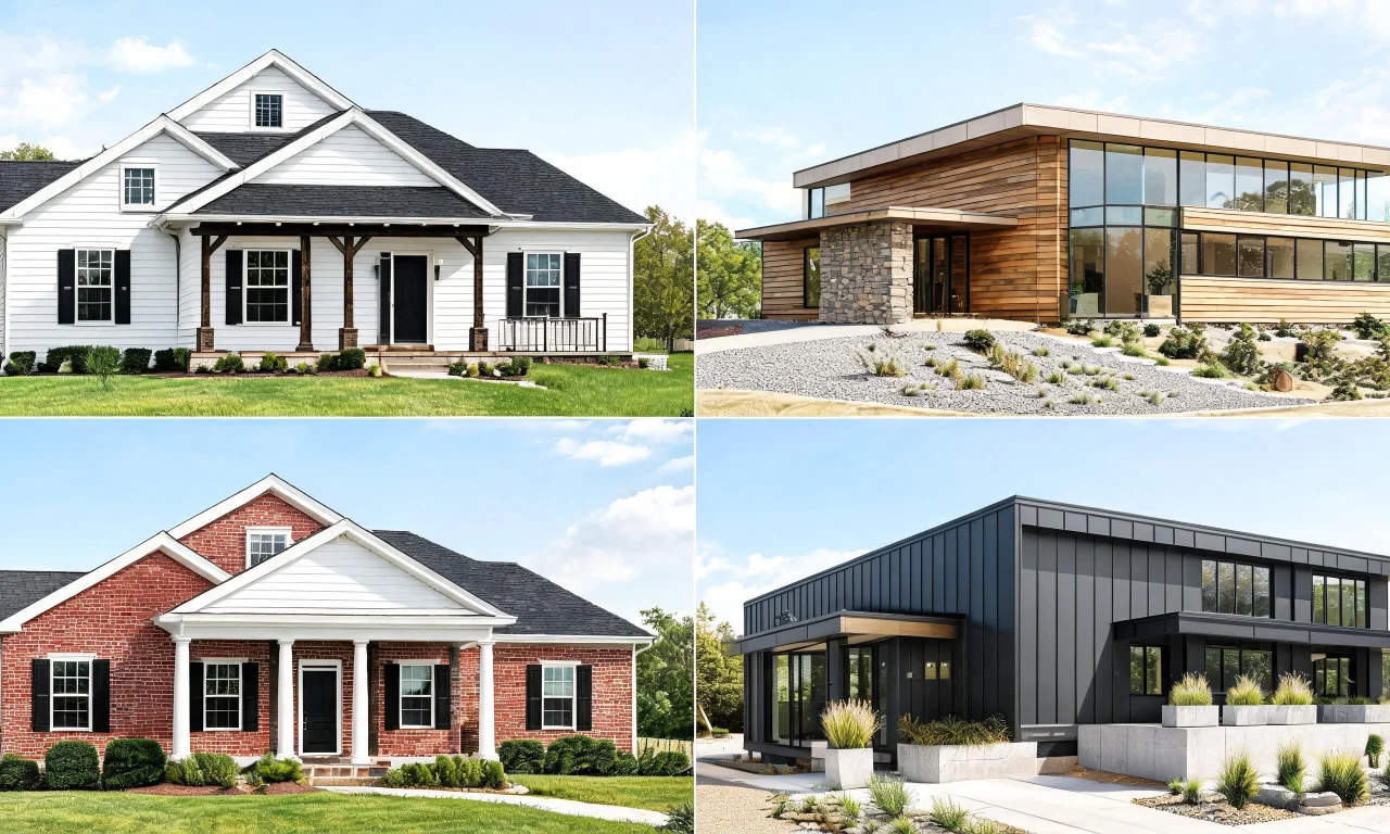 Grid of several AI-generated exterior style variations for the same house photo.