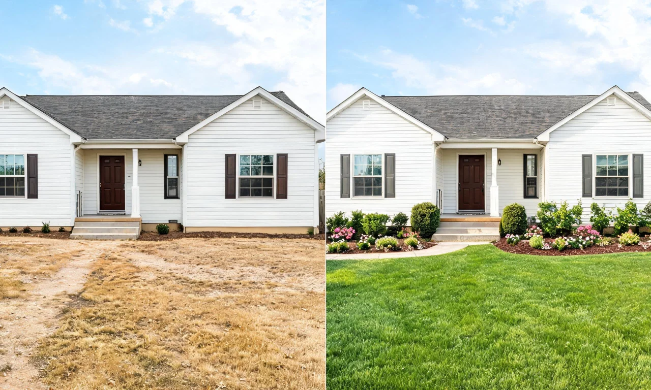 Split-screen mockup of a front yard before and after adding landscaping via a plant-placement app.