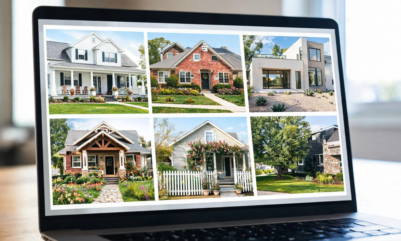 User browsing a curb appeal inspiration board full of saved exterior photos on a laptop.