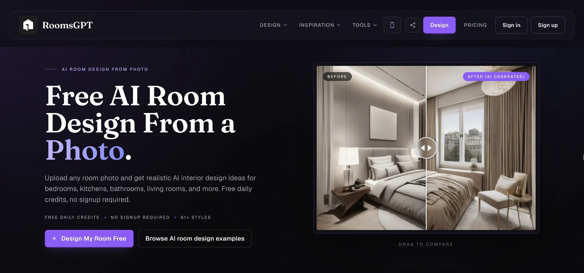 RoomsGPT's interface, built around fast style swaps rather than itemized renovation material previews.