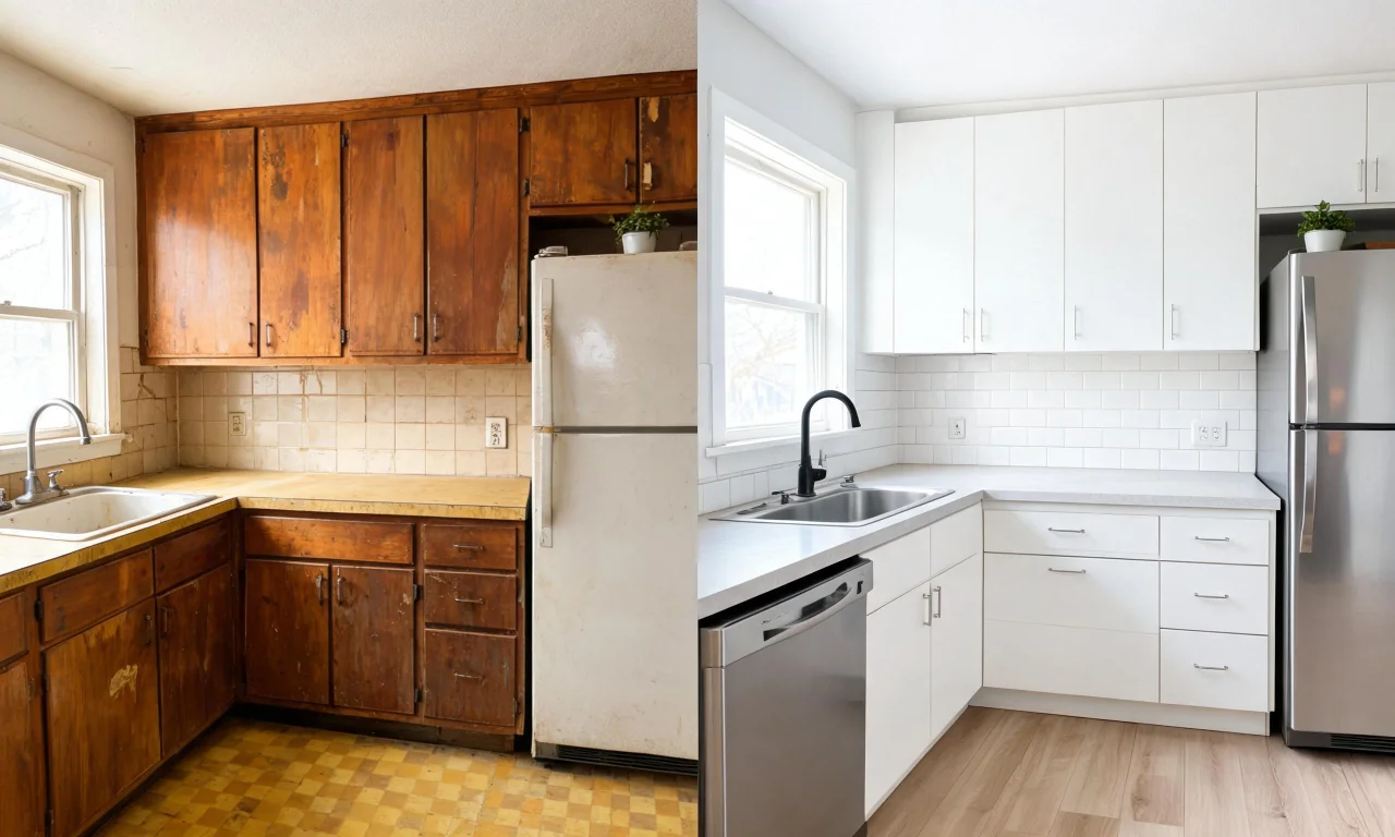 Split-screen image showing an outdated kitchen next to an AI-previewed version with new countertop and cabinet finishes.