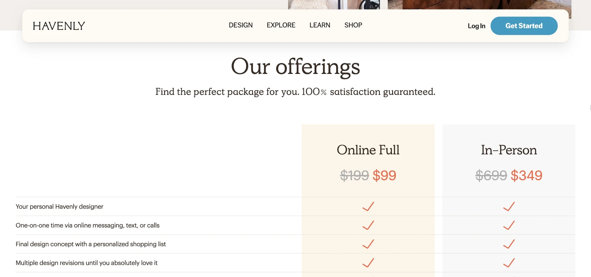 Havenly's pricing page splits online-only design packages from in-person consultations, showing how much of the cost is tied to a real designer's time.