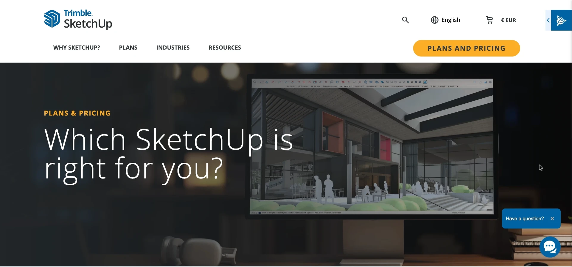 SketchUp's tiered annual plans show how price scales with modeling power, from basic sketching to full studio-grade rendering.