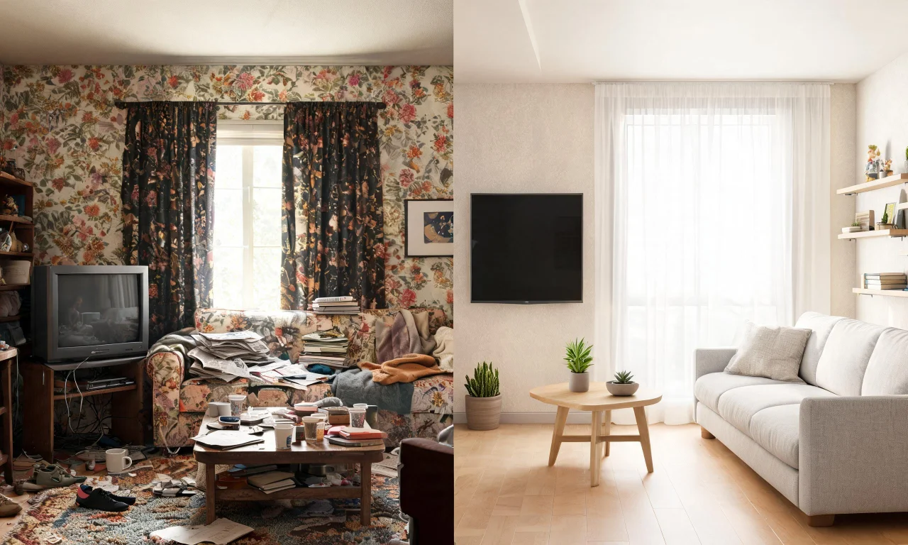 Split-screen comparison of a cluttered, dated living room next to its AI-restyled version, illustrating a free-tier redesign result.