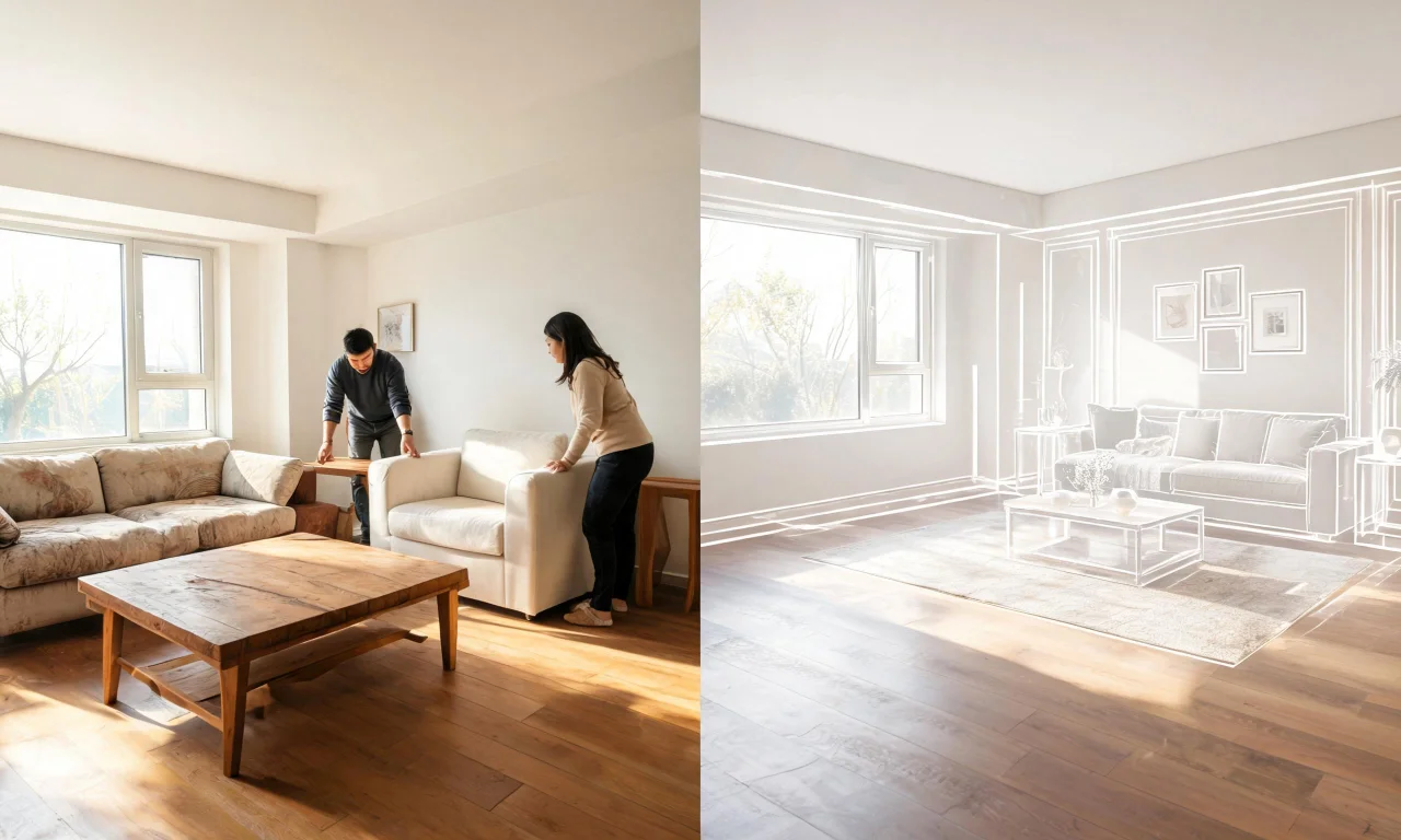 Checklist graphic listing which rooms suit physical staging versus AI room design based on furniture condition.
