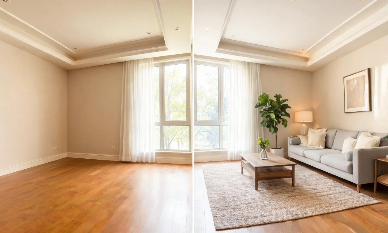 Side-by-side comparison image showing an empty vacant room next to its AI-furnished version for a listing photo.