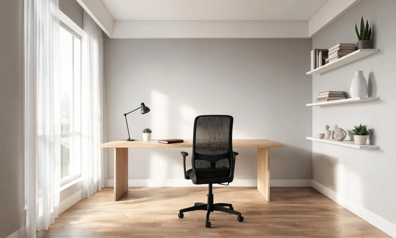 An empty spare room staged as a home office with a desk, chair and shelving.