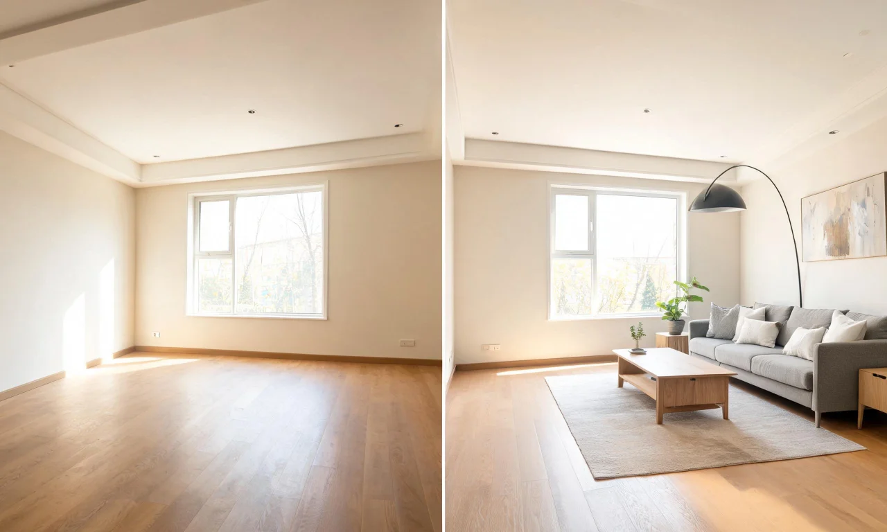 Side-by-side comparison of an empty living room photo and the same room staged with modern furniture.