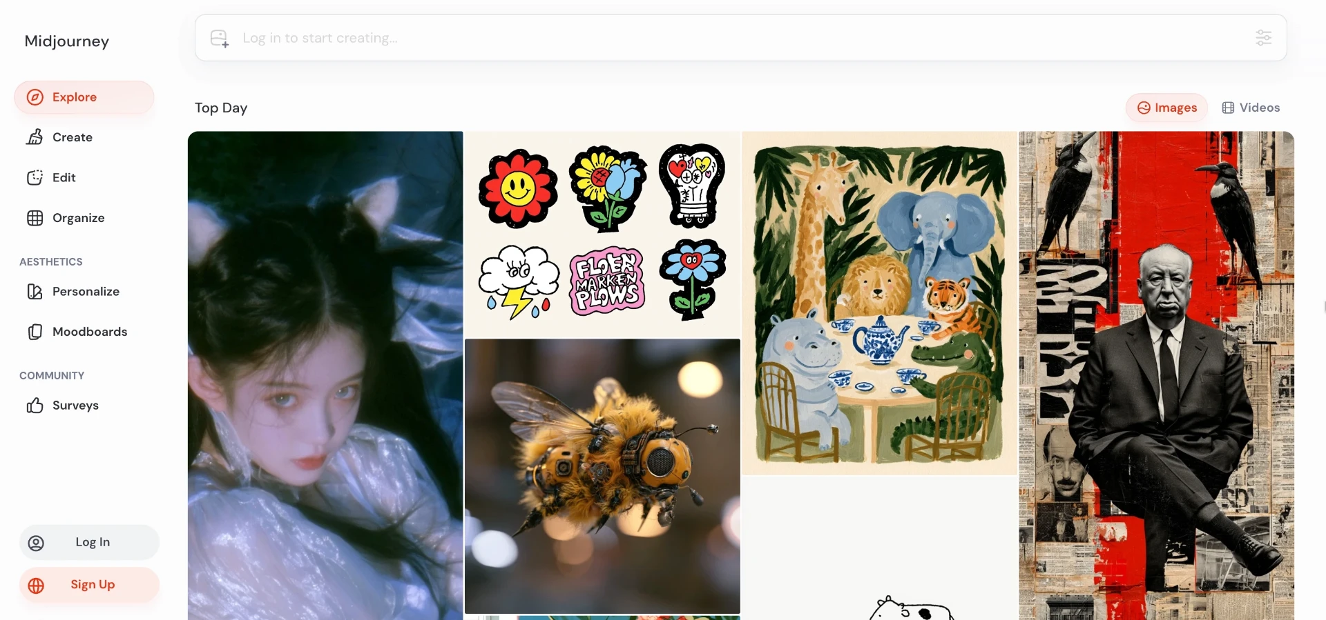 Midjourney's web explore page shows the range of styles other users generate, useful for scouting prompt ideas before writing your own.