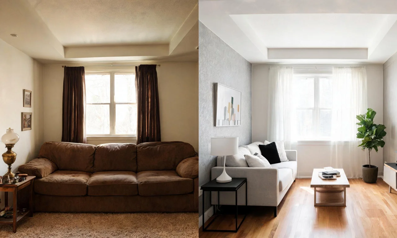 Split-screen comparison of an original room photo next to a photo-accurate redesigned version of the same space.