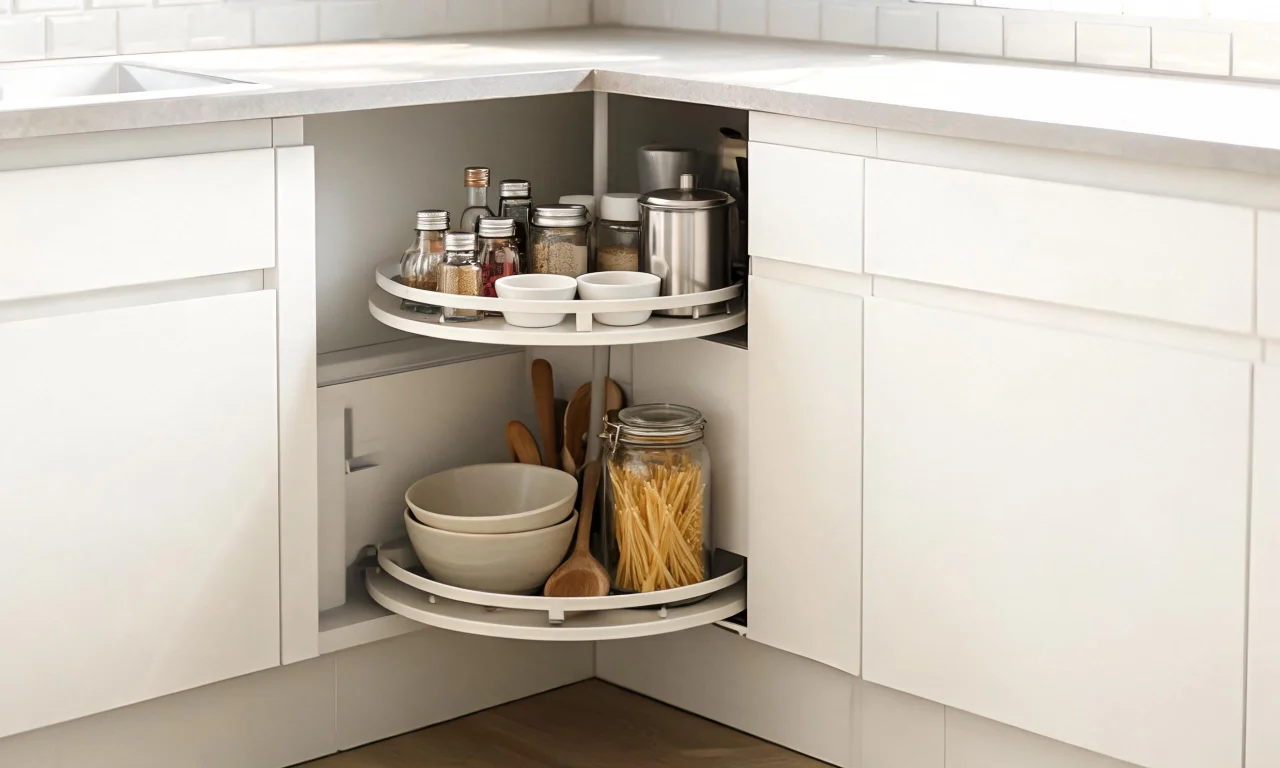 Close-up of a compact kitchen storage upgrade, such as a pull-out corner carousel or toe-kick drawer.