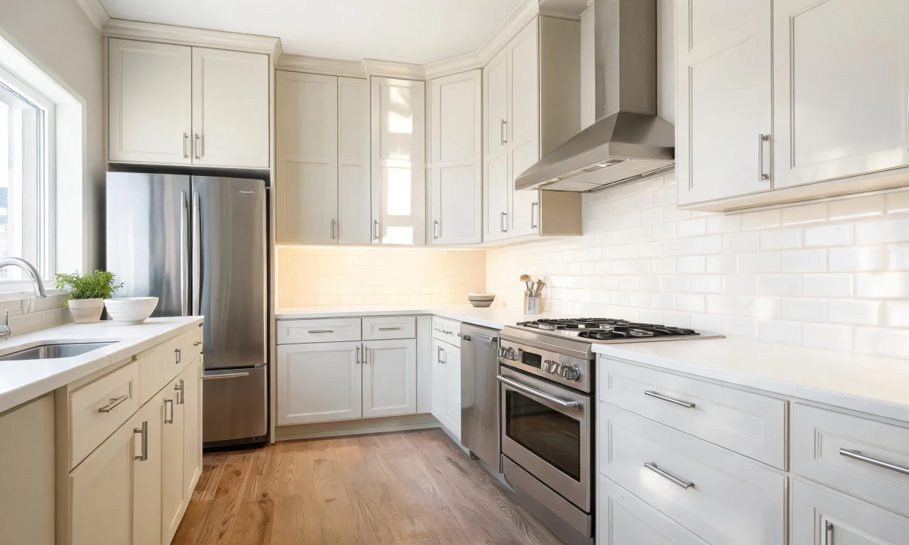 Same kitchen after a redesign preview, showing lighter cabinetry, updated hardware, and a simplified color palette.