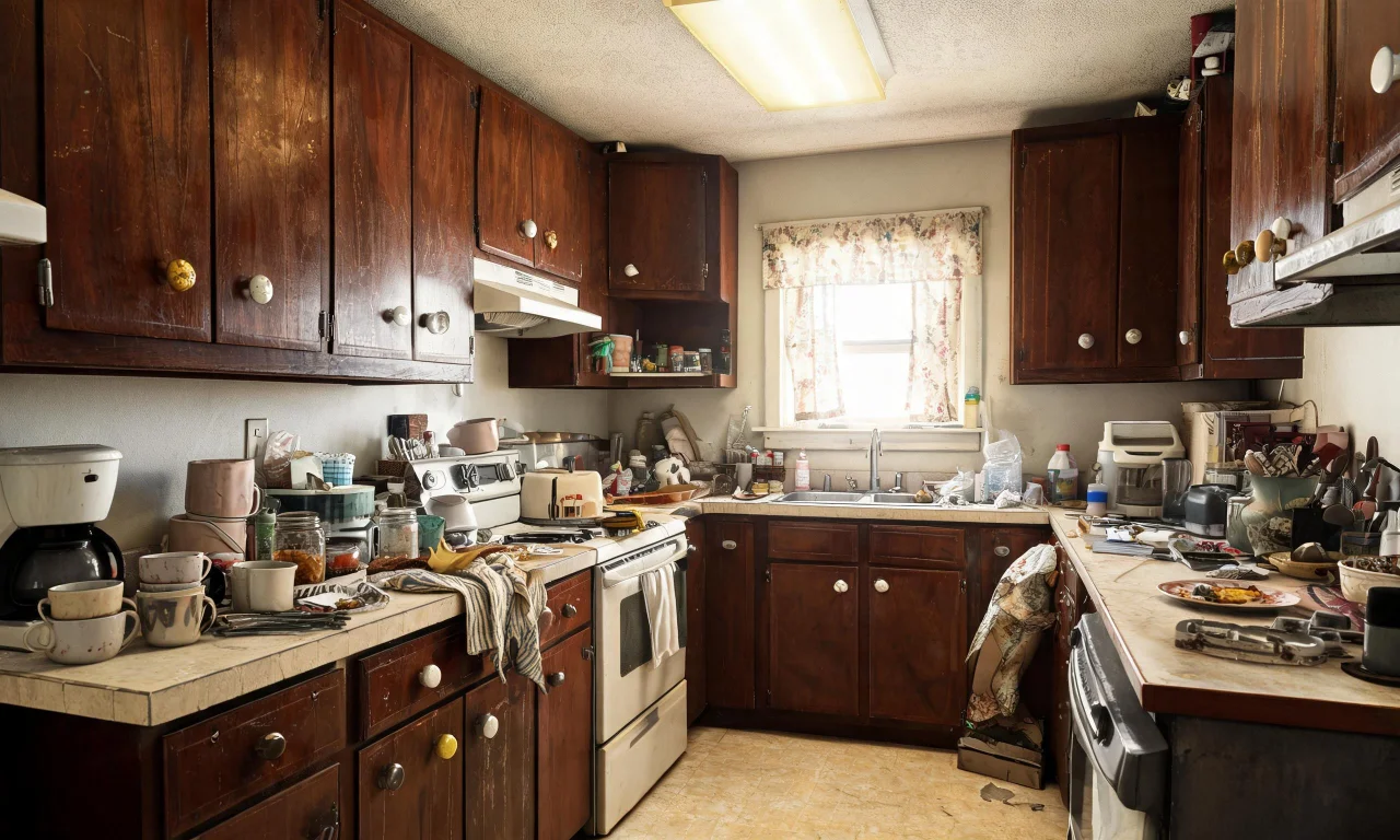 Split-screen before image: a cluttered, dated small kitchen with dark cabinets and mismatched hardware.