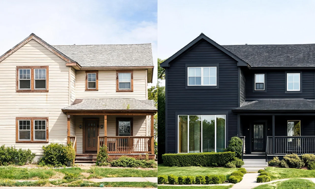 A generated exterior facade concept shown next to the original unedited house photo