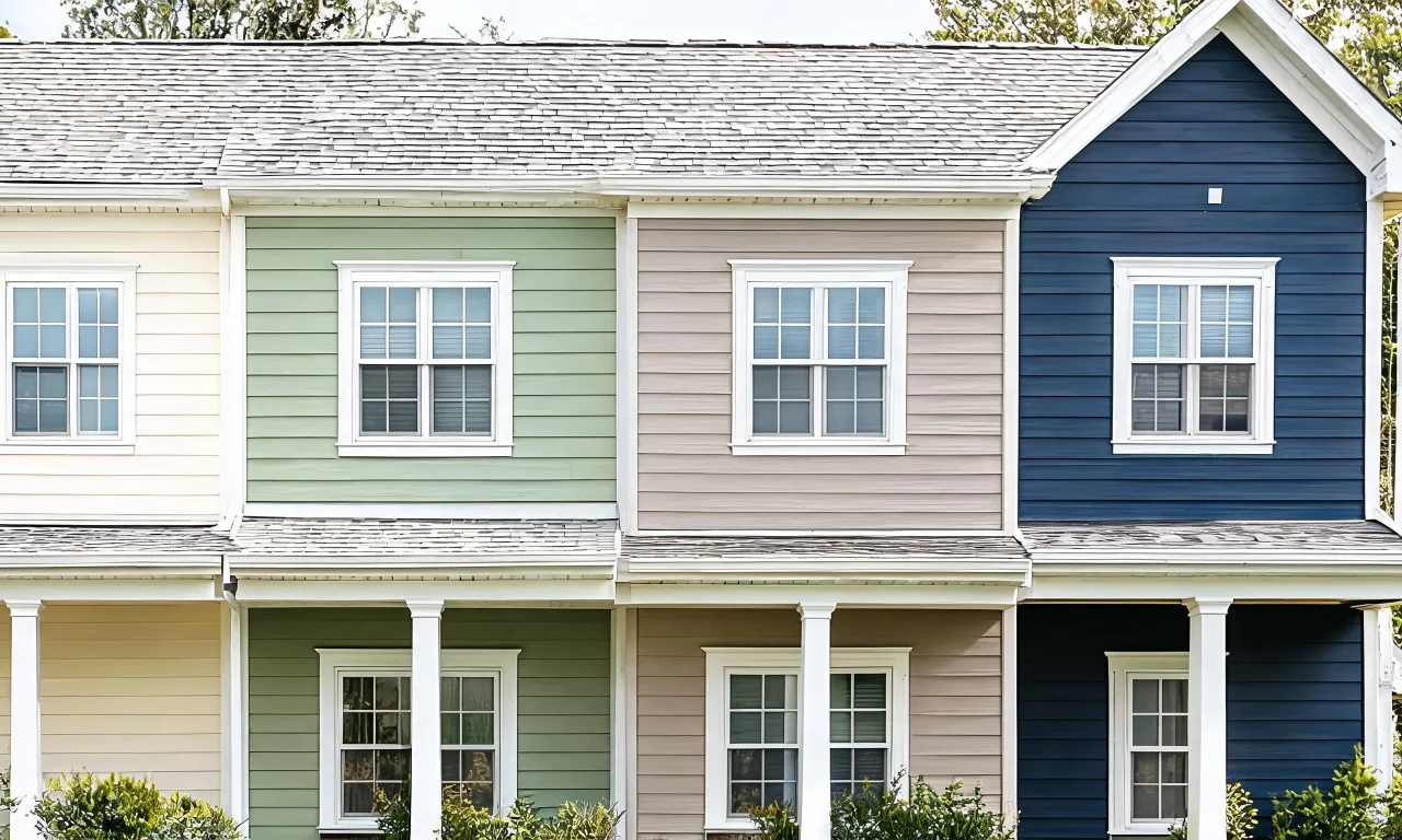 A house exterior shown with several different paint color swatches applied side by side