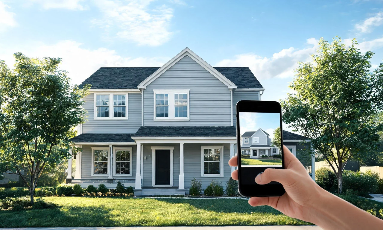 A smartphone capturing a house exterior from multiple angles for a 3D measurement scan