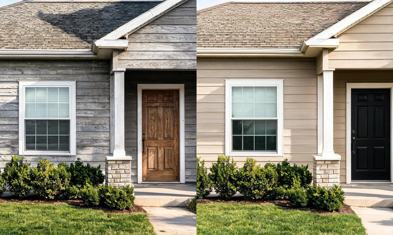 A split-screen before-and-after of a house facade with new siding material applied
