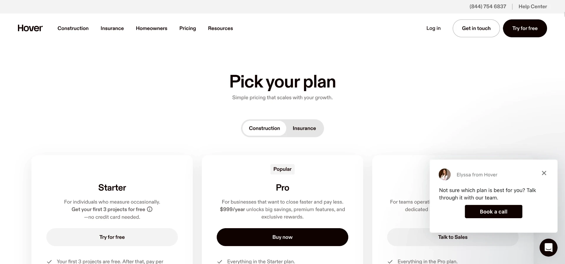 Hover's pricing page breaks plans down by structure complexity, which matters if you're comparing a simple repaint against a full remodel.