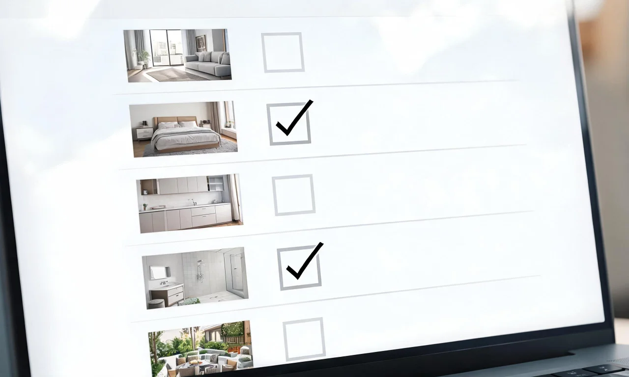 A laptop screen showing a checklist-style workspace with rooms listed as tasks and progress checkboxes