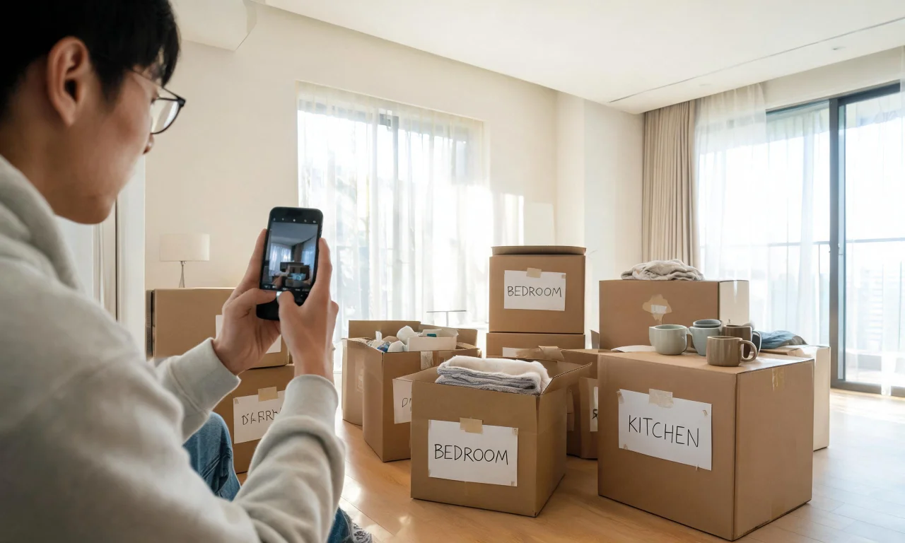 A person using a phone to photograph and tag boxes of household items for sorting