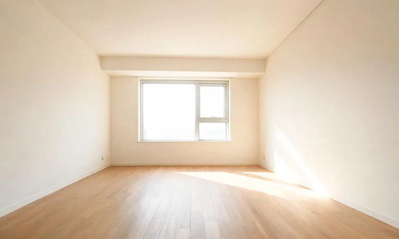 An empty, bare bedroom with plain walls and flooring, generated from a previously furnished photo