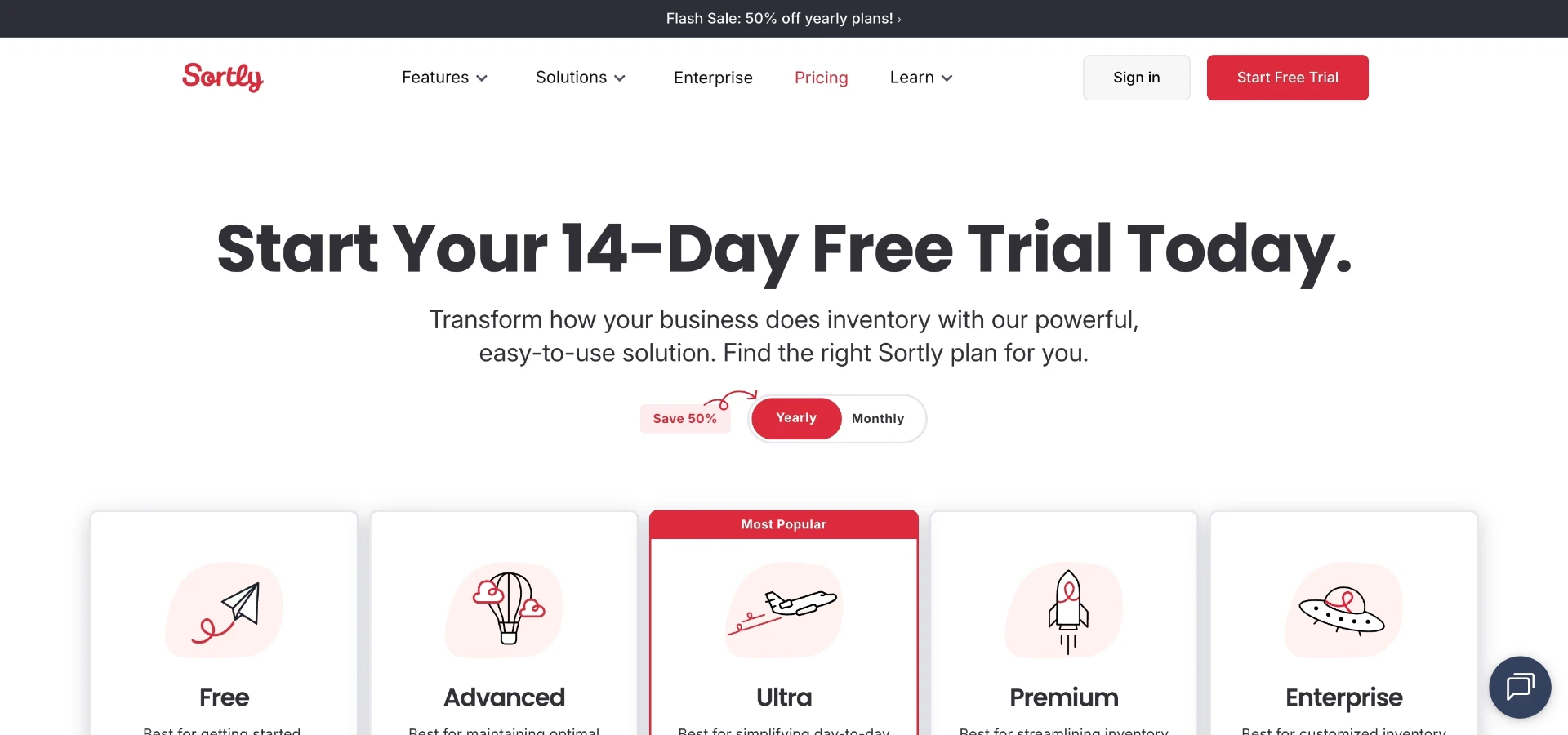 Sortly's pricing page, showing its free tier alongside paid plans built for tracking physical inventory across locations.