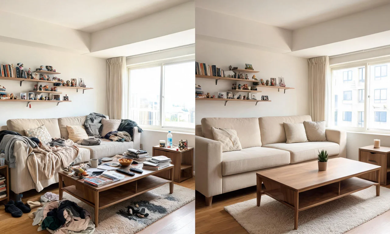 Split-screen photo of a cluttered living room next to the same room with surface clutter digitally removed