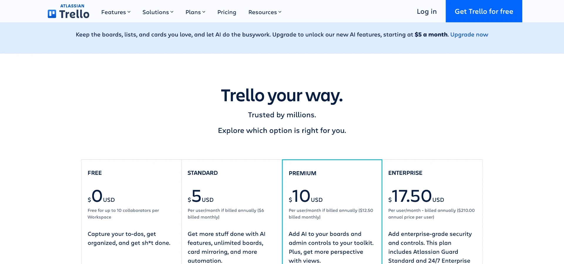 Trello's pricing page, included here since its board-based plans are commonly used to coordinate multi-property decluttering timelines.