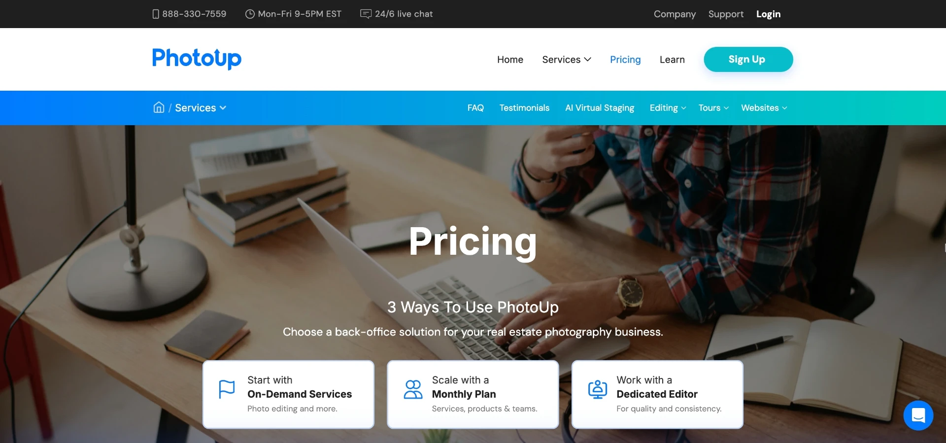 PhotoUp's pricing page lists on-demand AI virtual staging credits alongside dedicated editor plans, useful context for comparing per-image staging fees against a flat-rate AI workf